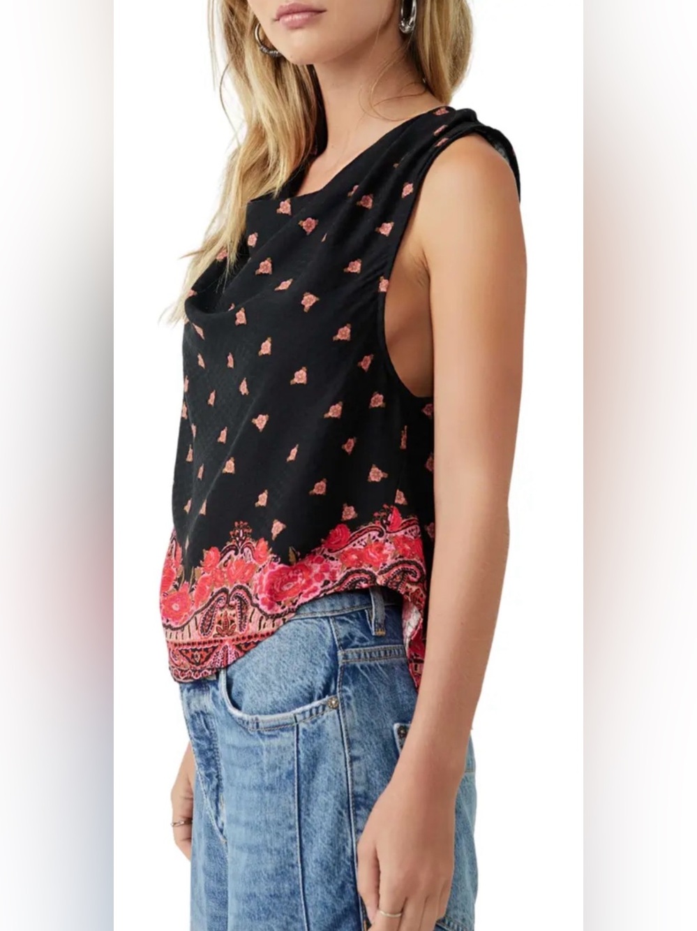 Free People Silas Print Cowl Neck Open Back Tank XS Black Floral Boho  Top